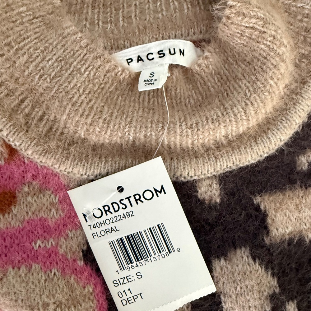 PacSun Womens Floral Fuzzy Knit Mock Neck Cropped Sweater Vest Tan Pink Sz S NEW - Picture 4 of 7